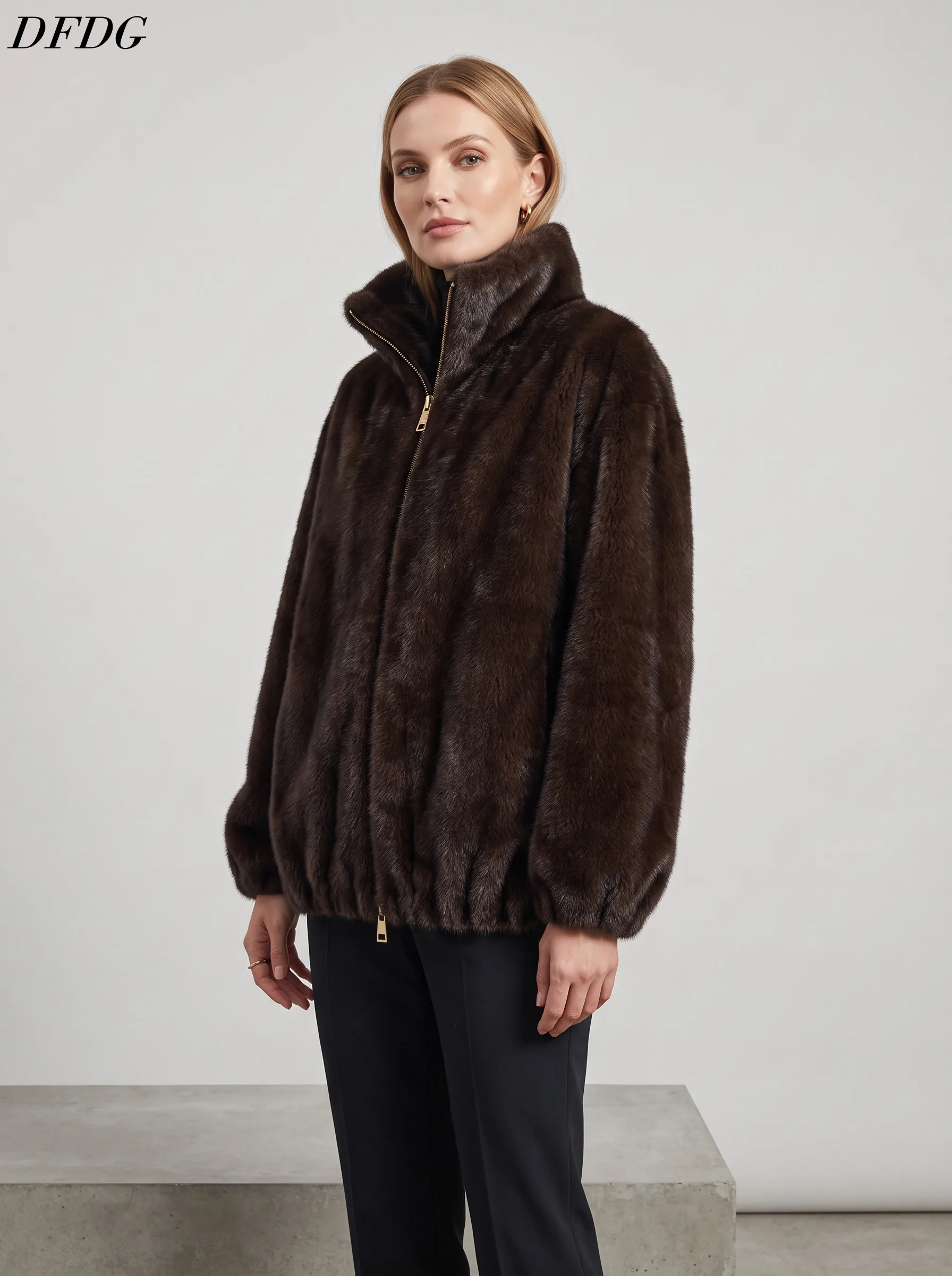 DFDG Women 2026 Faux Mink Fur Zip Up Jacket Stand Collar Elastic Hem Cuff Plush Warm Elegant Daily Winter Outer Coat Fur