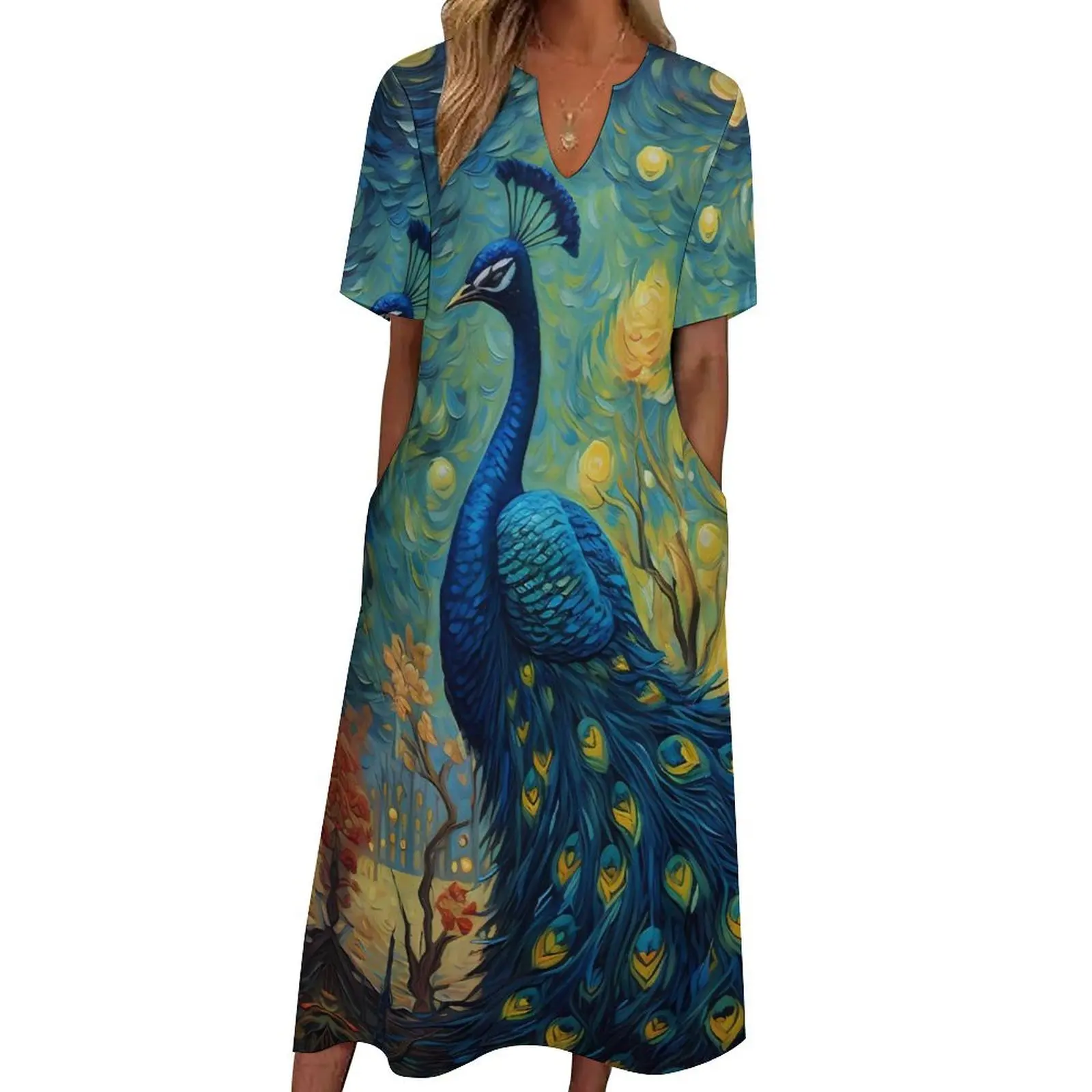 Fantasy Painting About Peacock Dress  Vintage Maxi Dress V Neck Custom Casual Long Dresses Street Wear Oversized Clothes