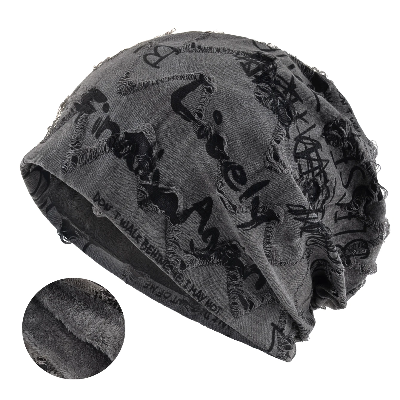 Letter Print Beanie Hat For Women Men Vintage Distressed Cracked Design ​Wasteland Style Warm Fleece-lined Skullis Beanie Winter