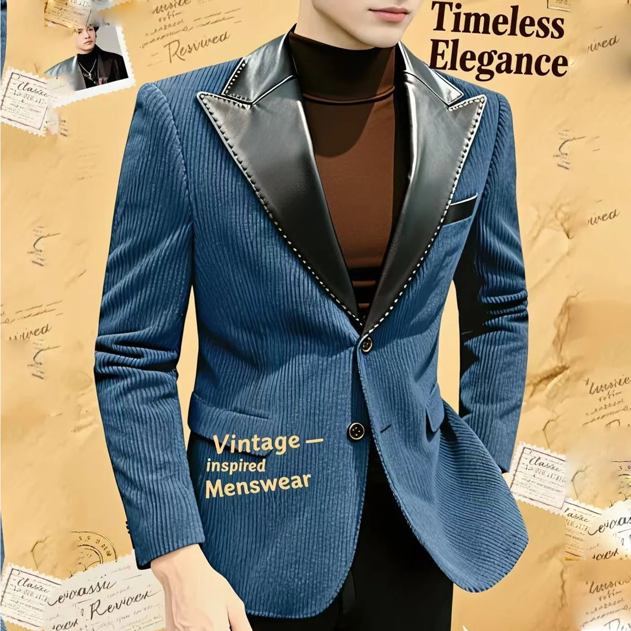 British Style Corduroy Men's Blazers High Quality Single Breasted Suit Jacket Fashion PU Leather Neck Spliced Coats