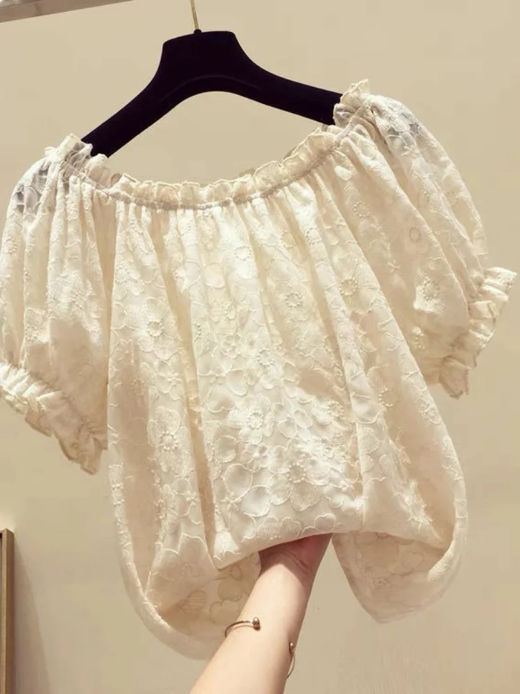 fashionable-summer-floral-short-sleeve-one-shoulder-chiffon-top-women's-clothing-with-sash-fake-collar-elegant-chic-style