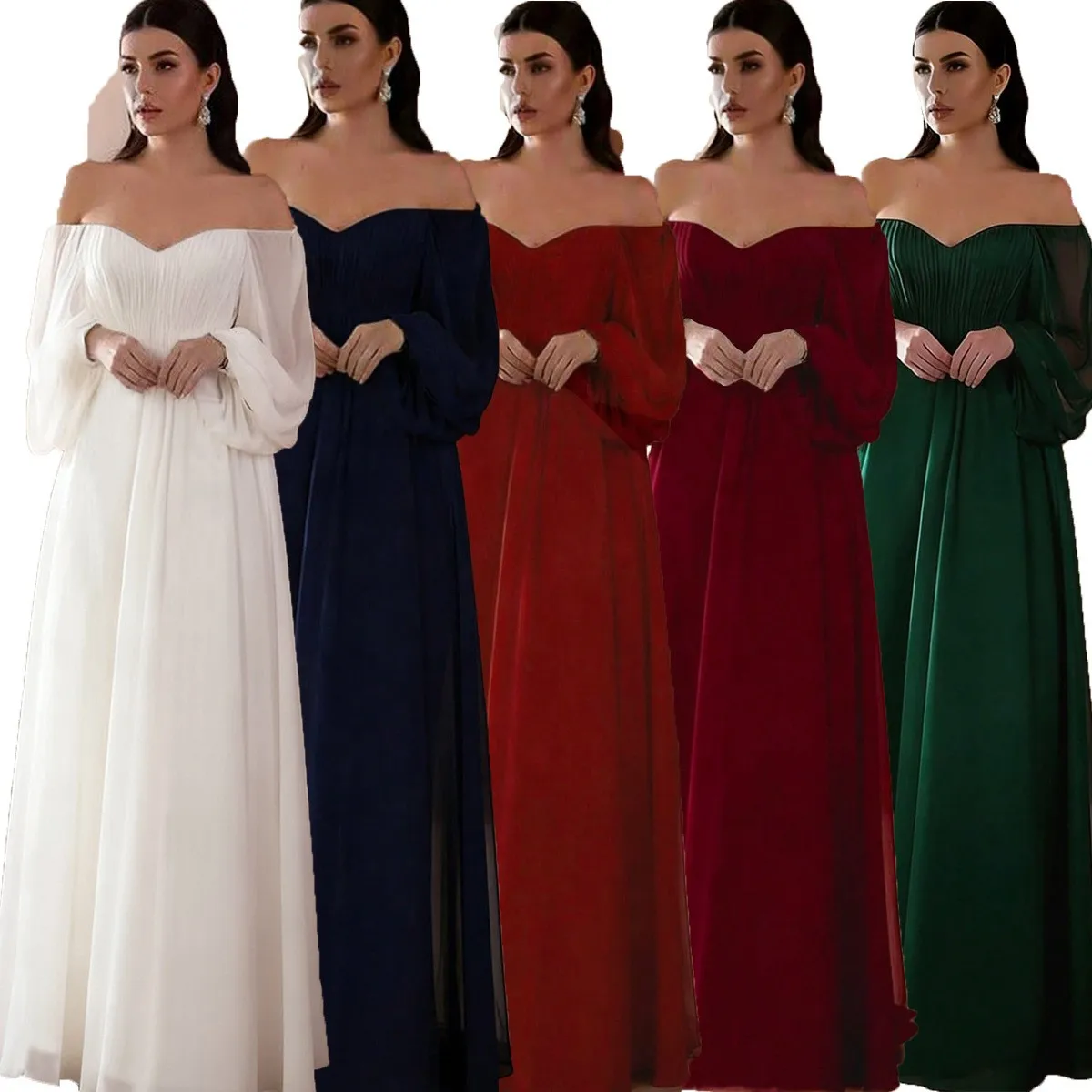 Spring Women's Clothing Off Shoulder Long Sleeve Slim Solid Maxi Dress For Luxury Party Prom Evening Spandex
