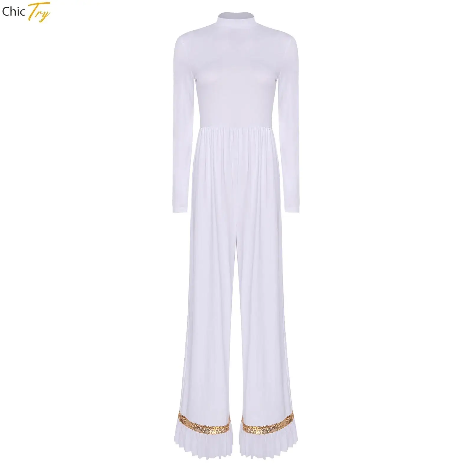 女性用叙情的なダンス衣装 長袖ロンパース ジャンプスーツ 賛美ダンスドレス 礼拝用チュニック 教会礼拝聖歌隊パフォーマンス