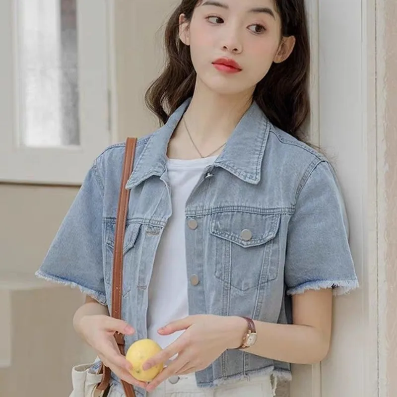 

Summer Short Sleeve Denim Jacket 2026 New Women Tassels Retro Hong Kong-style Short Coat Female Loose Casual Cardigan Top