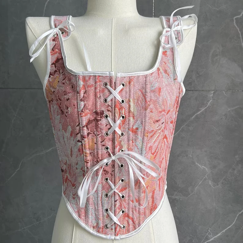 

Pink chrysanthemum braided corset, vintage style women's corset, princess crop top, French strap vest herringbone corset