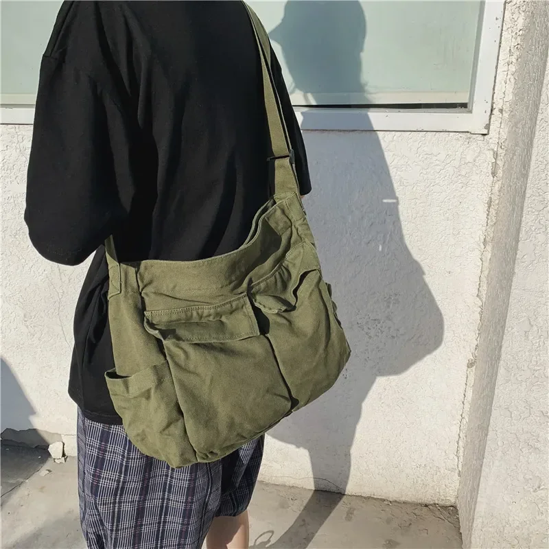 Multi Pockets Canvas Big Size Handbag Female Male Teenager Student Over Large High Street Hip Hop Fabric Zipper Messenger Bag