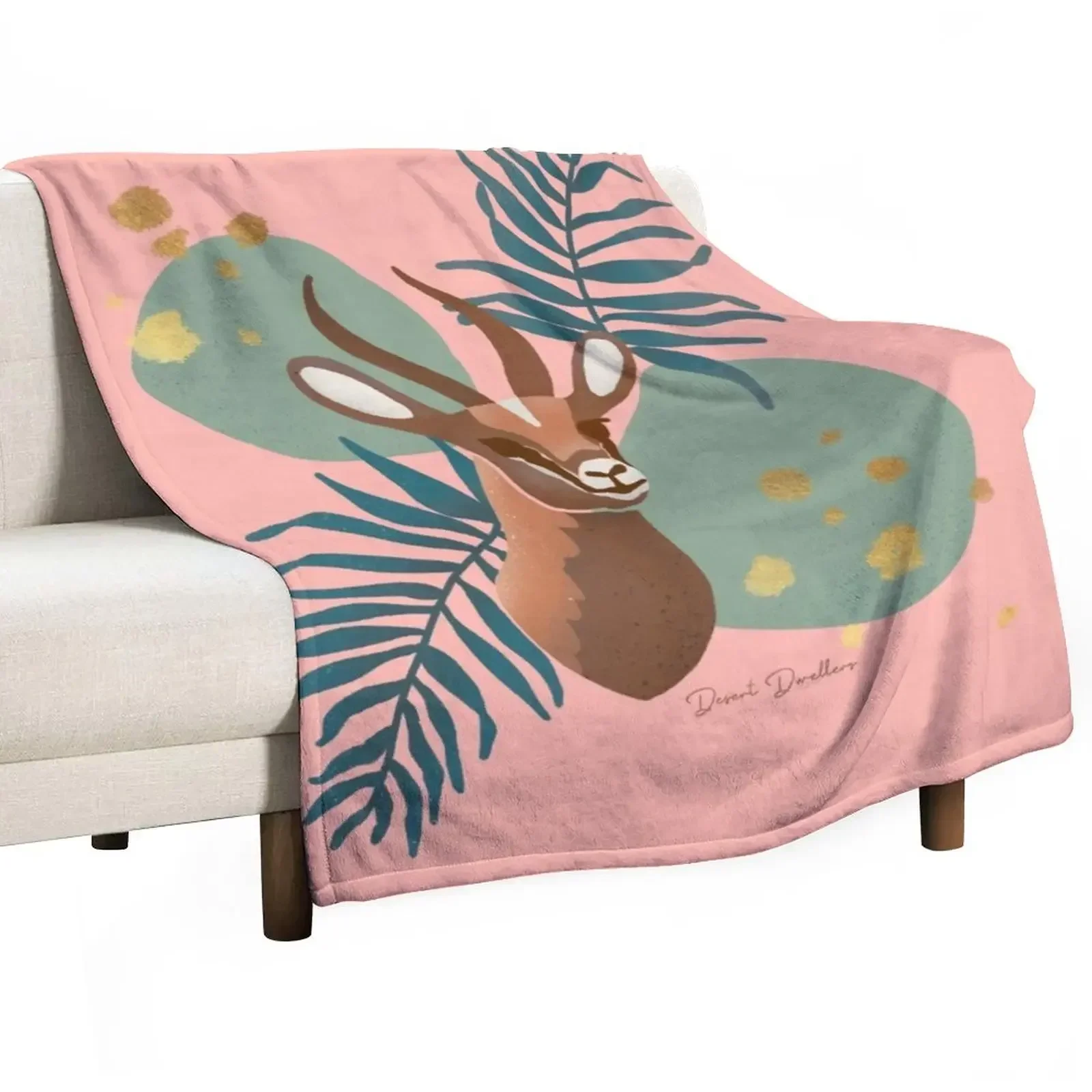 Arabian Gazelle in Teal, Pink and Gold Throw Blanket Blankets Sofas Of Decoration Soft Plaid Blankets