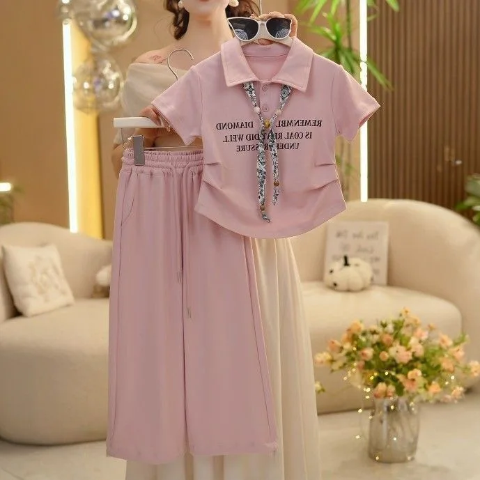 

Girls Summer Letter Tie T Shirt Pants Two Piece Set 2026 New Middle Big Kids Korean Stylish Casual Set