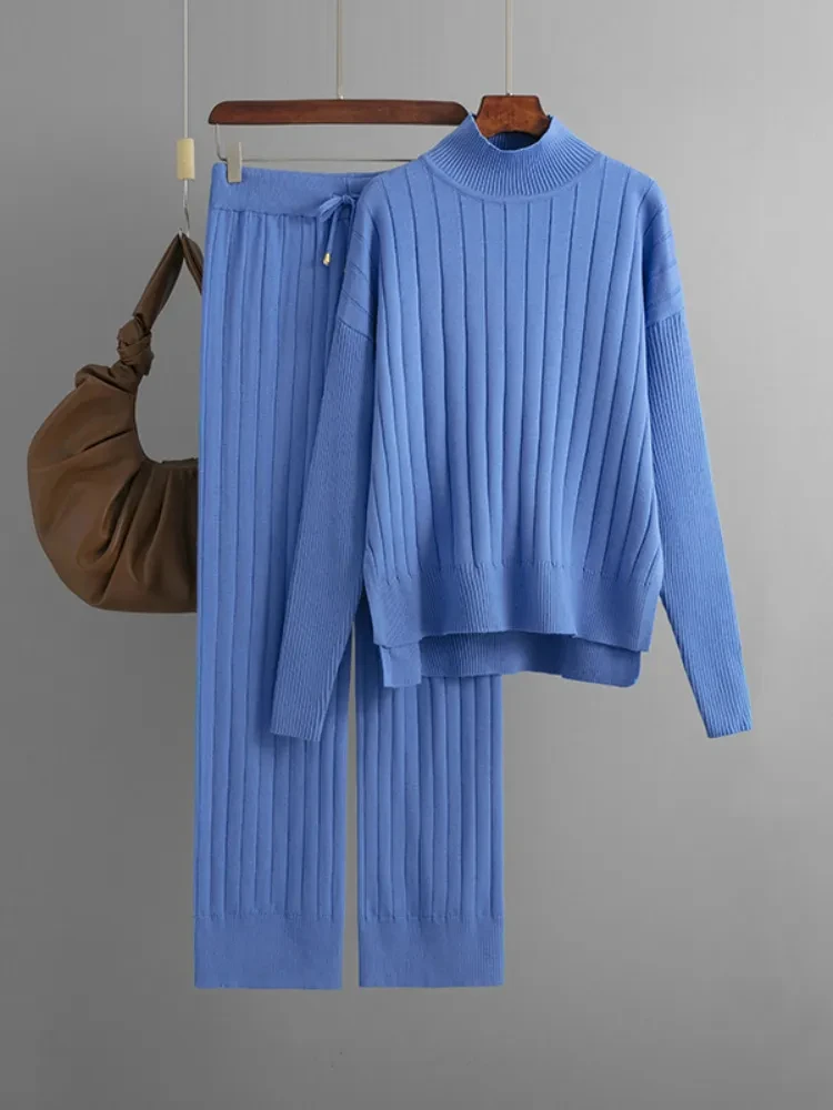 Set of Two Pieces Sleepwear for Women Elegant Knit Sweater Pullovers High Waist Wide Leg Pants Home Suit Solid Pjs Turtleneck