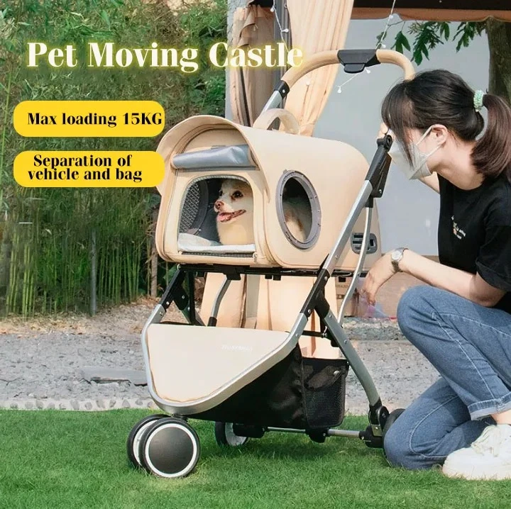 Lightweight Foldable 3‑Wheel Pet Stroller, Storage‑saving Pet Trolley for Cats Dogs, Heavy‑load Bearing