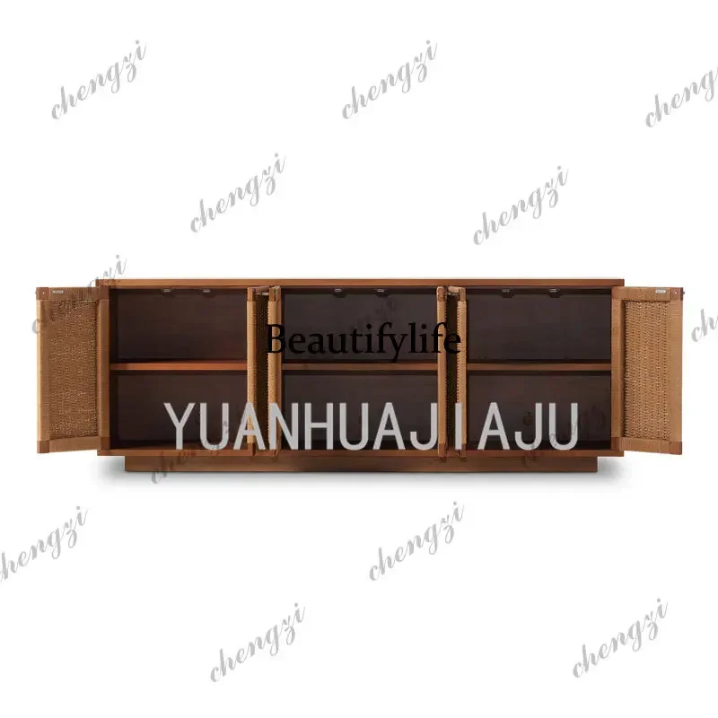 C178French retro solid wood rope woven dining side cabinet, antique living room decoration storage cabinet, ash wood TV cabinet view 3