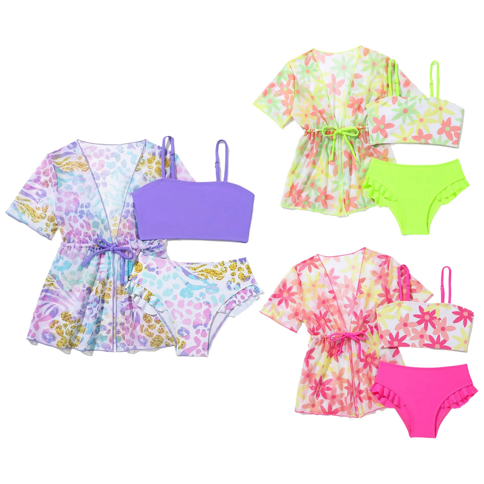 Kids Girls 3 Piece Swimsuit Short Sleeve Waist Drawstring Outwear and Adjustable Straps Top with Ruffled Briefs Swimwear Sets
