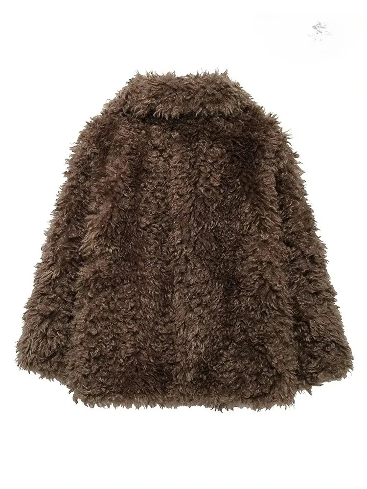 BWQ Women's Fashion 2025 fall and winter Europe and the United States retro style brown faux fur effect long-sleeved lapel coat