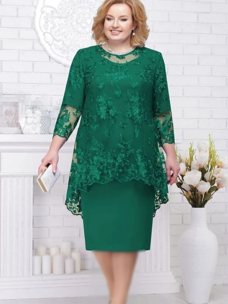 FSMG-robe de soirée grande taille pour femmes, ensemble deux pièces slim fit avec broderie en dentelle, col rond et taille haute