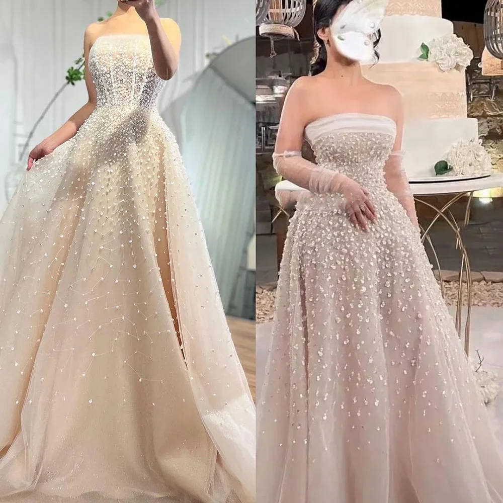 SERENE HILL Customized Arabic Beige A-Line Beaded Elegant Evening Dress Gown For Women Wedding Party With Gloves 2025 CLA72009