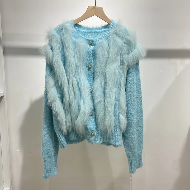 Women Autumn Fluffy Real Fox Fur Colorful Lovely Cute Sweater Lady's Blue Knitted Thick Sweater Coat