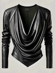Women Cowl V Neck PU Leather Long Sleeve Blouse Cinched Irregular Hem Solid Leather T Shirt High Street Spring Streetwear
