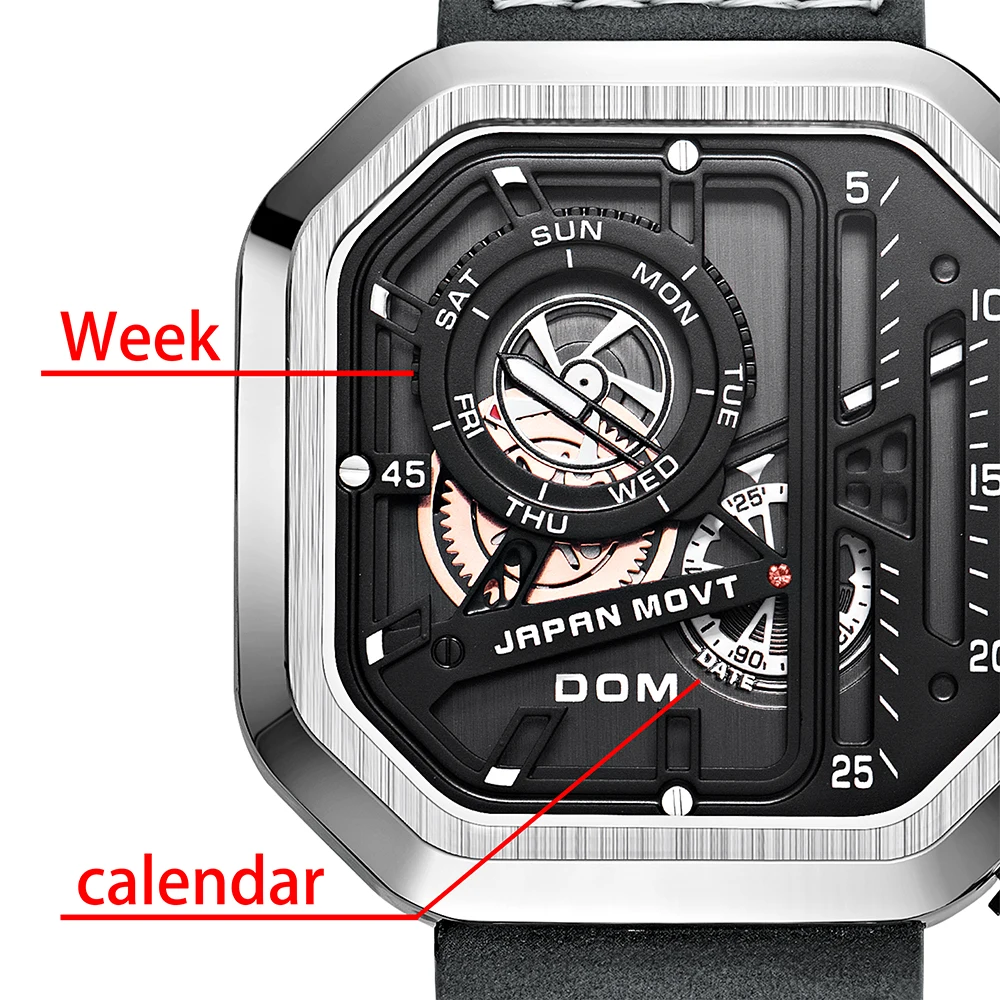DOM Fashion Cool black creative timing calendar quartz watch skeleton punk style square large dial waterproof men's watch