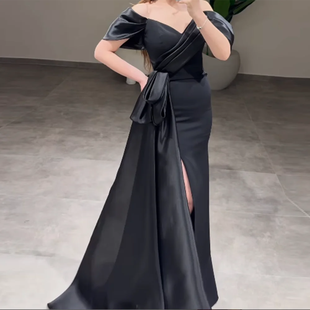 Ccstomized สีดํา A-Line ชุดราตรียาว V คอครึ่งแขนชุดราตรีแฟชั่นจีบ Draped เซ็กซี่ Backless