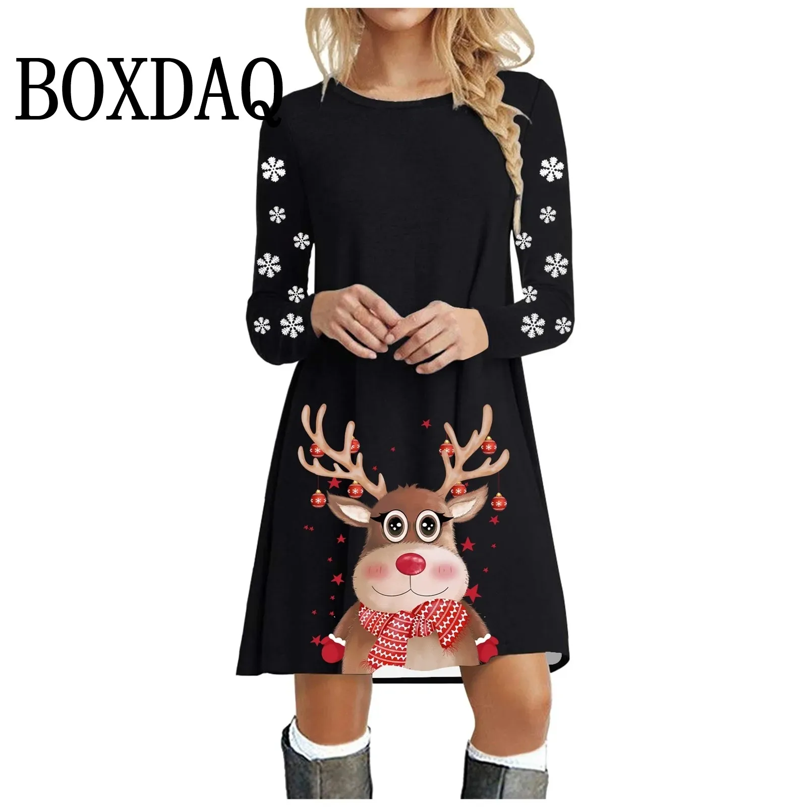 Long Sleeve Crew Neck Christmas Dress Funny Cute Deer Printed Fashion Cocktail Dresses Women Party Loose Festive A-Line Dresses