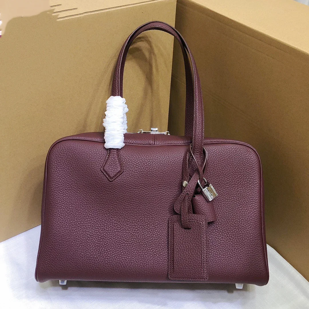 Top Layer Leather Handbag 35cm Bowling Bag  Autumn And Winter Advanced Feeling New Pattern Fashion Genuine Leather High-Capacity