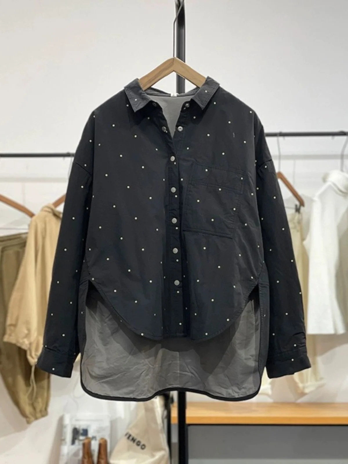 

Легкая хлопковая куртка irt, женская осенне-зимняя свободная длинная куртка с нерегулярным воротником-стойкой, круглый узор в горошек