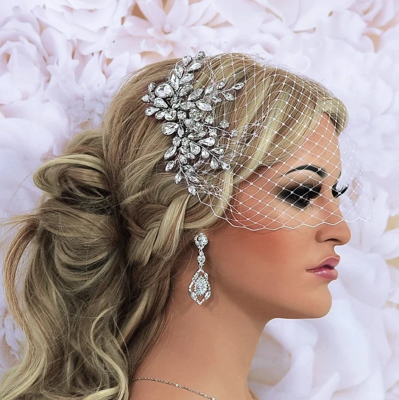 Black Birdcage Veil for Bridal Shiny Crystal Rhinestone Hair Comb White Ivory Hair Accessories Fascinators for Wedding Face Veil