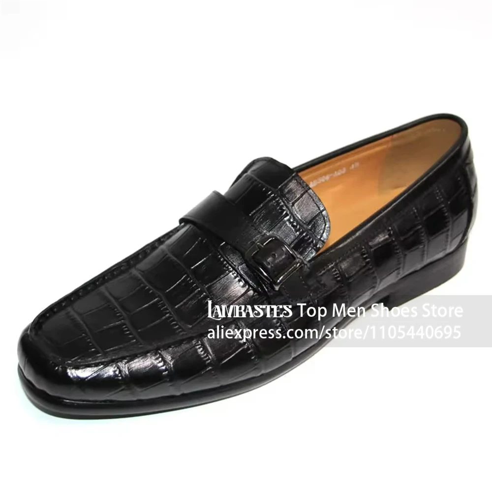 Black Crocodile Embossed Buckle Loafers Croc Print Slip On Leather Formal Dress Loafers Glossy Croc Texture Wedding Dress Shoes
