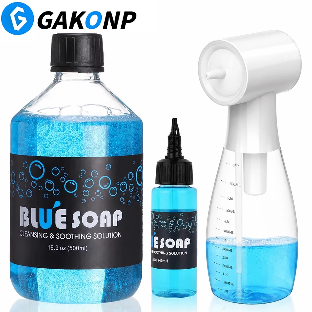 500/40ML Tattoo Blue Soap Highly Concentrated Tattoo Cleaning Liquid and 650ml Electric Foam Machine Foam Dispenser Gun