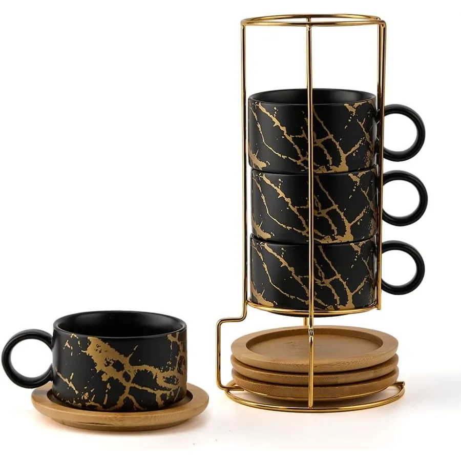 

6 Ounce Stackable Porcelain Espresso Cups with Metal Stand for Latte Coffee Cappuccino Mocha Tea Elegant Ceramic Demitasse Set