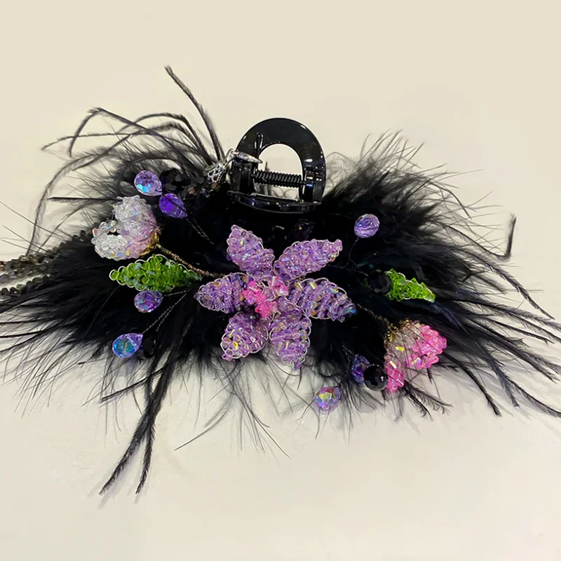Feather Flower Hair Claw Clip Hand‑Beaded Purple Crystal Long Tassel Hair Grips Women Evening Party Stage Show Hair Accessories