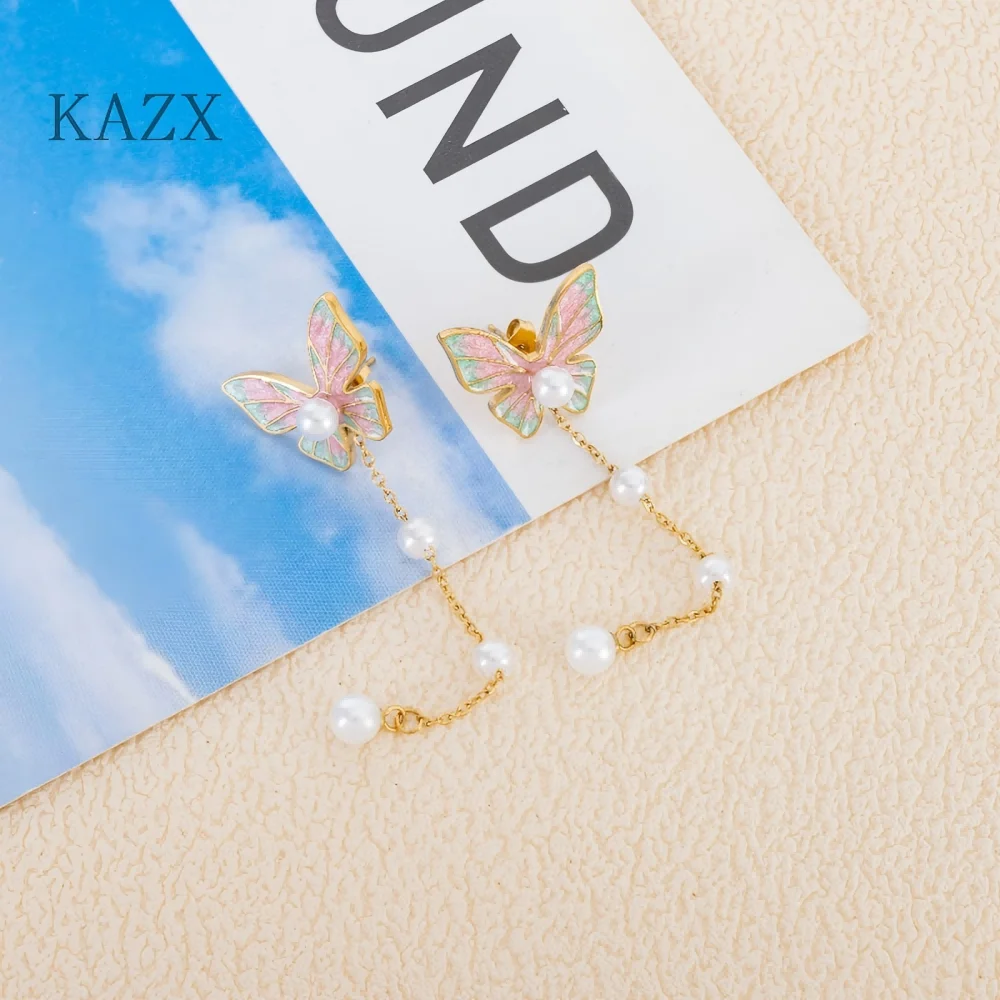 

KAZX Long Tassel Dangle Earrings 316L Steel Enamel Butterfly Imitation Pearl Stud Ear Jewelry