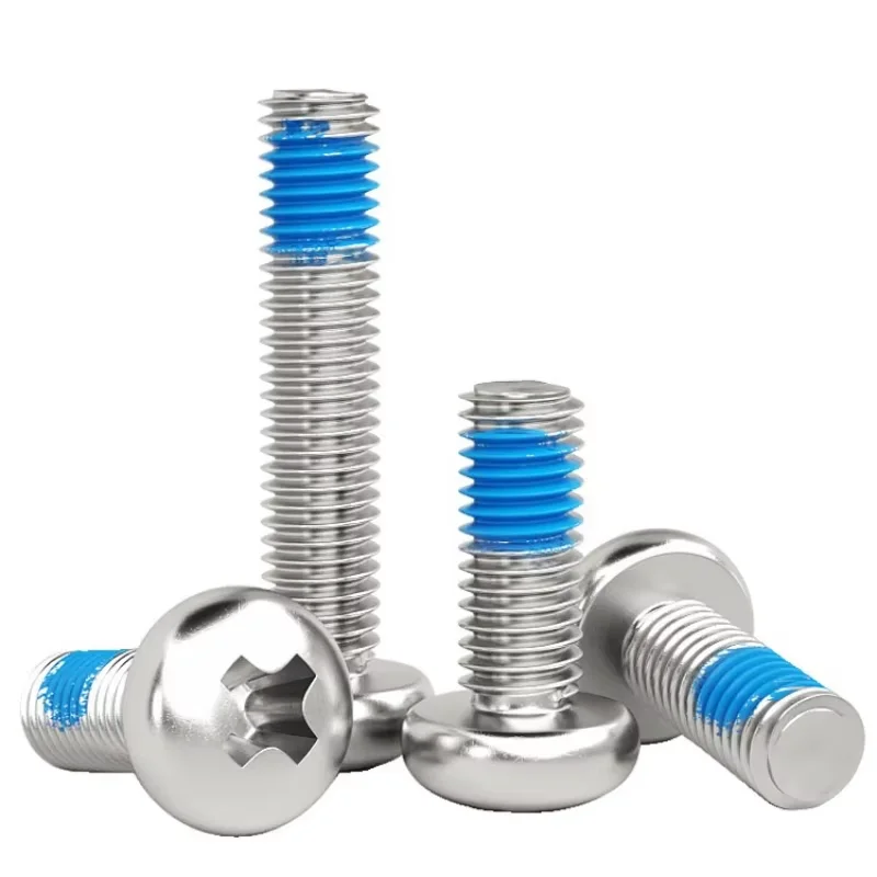 M2 M2.5 M3 M4 M5 M6 304 Stainless Steel Cross Round Head Blue Glue Dispensing Bolt Cross Anti Loosening Screw