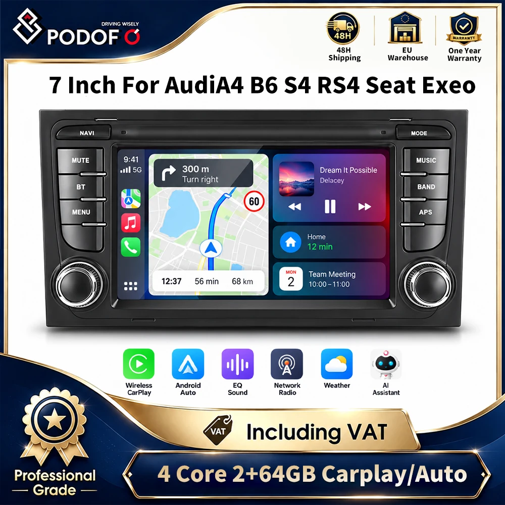 Podofo, lettore multimediale Android da 7 pollici per auto, compatibile con Audi A4 B6 B7 S4 RS4 e Seat Exeo, dotato di navigazione GPS, WiFi, Bluetooth, radio FM, CarPlay wireless, funzione di