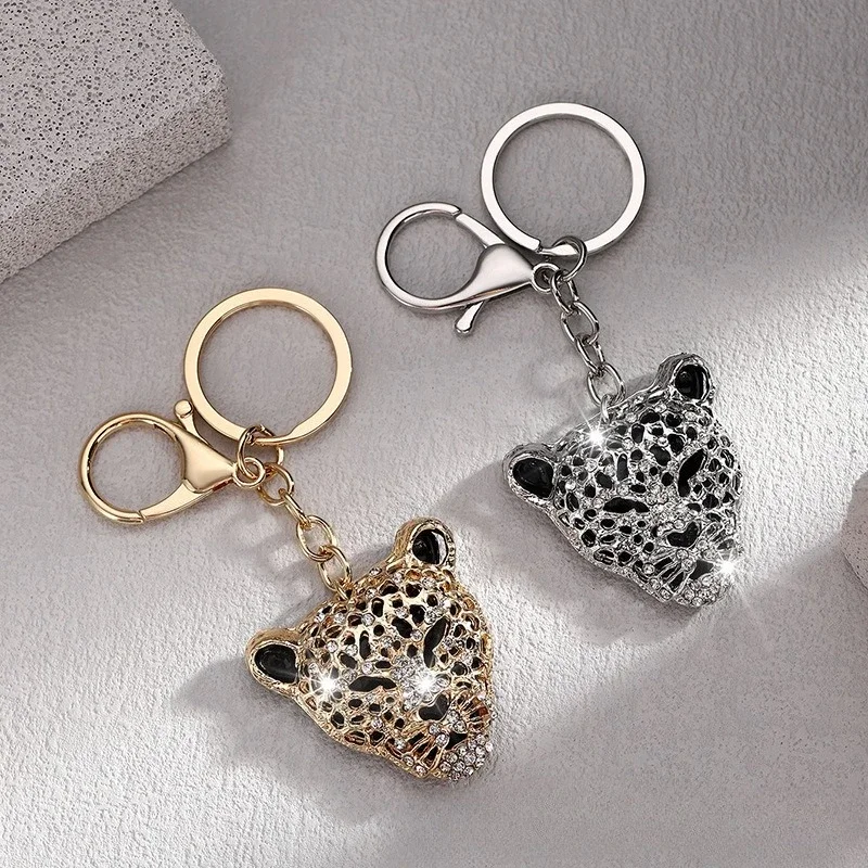 Luxury Keychains Big Brand Creative Gifts with Rhinestone Leopard Head Car Keychain Accessories Crystal Animal Pendant