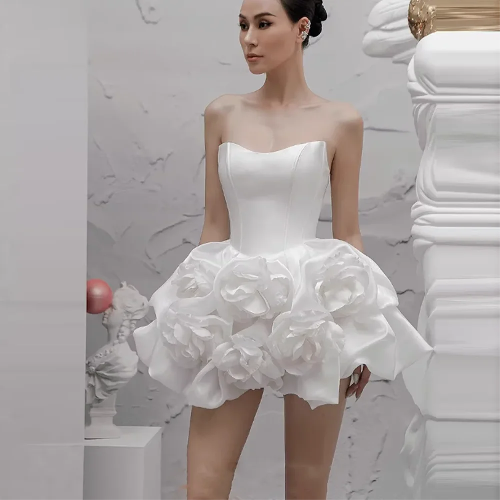 

White Rose Simple Mini Ball Gown Above Knee Prom Dress Sleeveless Strapless Modern Pretty Sweet Vestidos De Fiesta فساتين سهرات