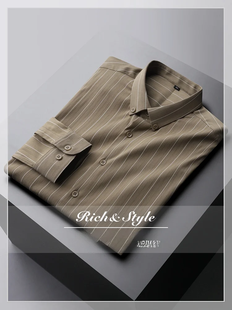 

Мужская рубашка с длинным рукавом, повседневная, в полоску, премиум-класса, осенняя, деловая, цвета хаки, немнущаяся, свободного кроя, модная, молодежная