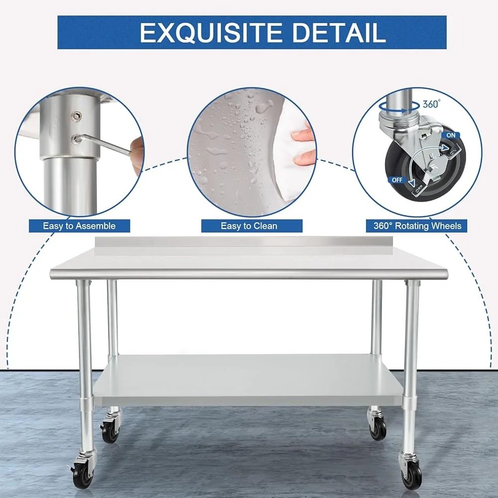 Stainless Steel Prep Table with Wheels NSF Heavy Duty Commercial Kitchen Workbench 2 Inch Backsplash Rolling Caster Table