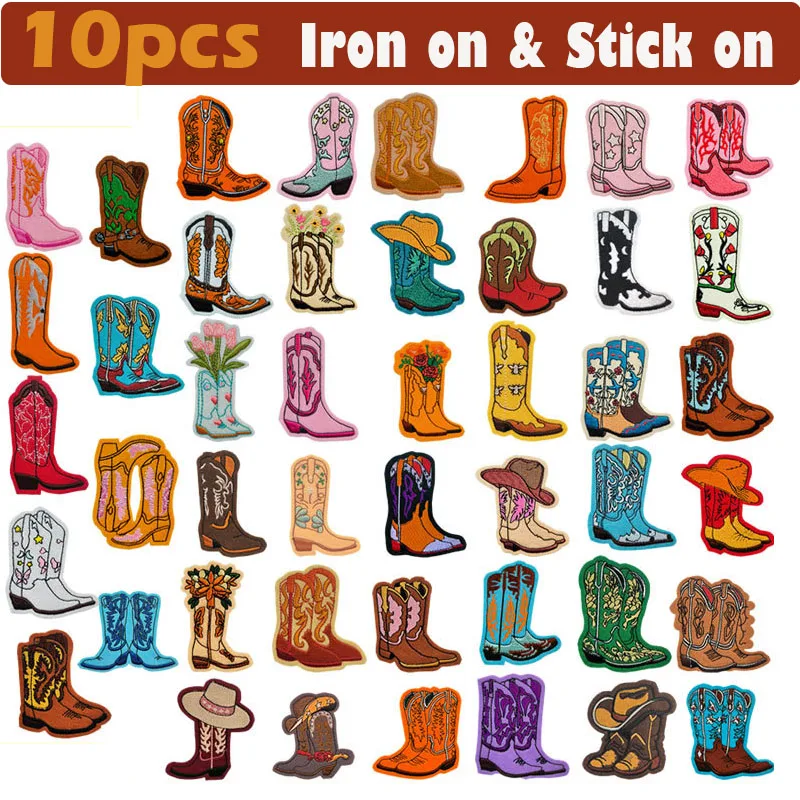 10pcs Cowboy Cowgirl Boot Ironing Patch Clothing Jacket Hat Accessories Embroidered Embroidery Stick on Sticker Phone Decoration