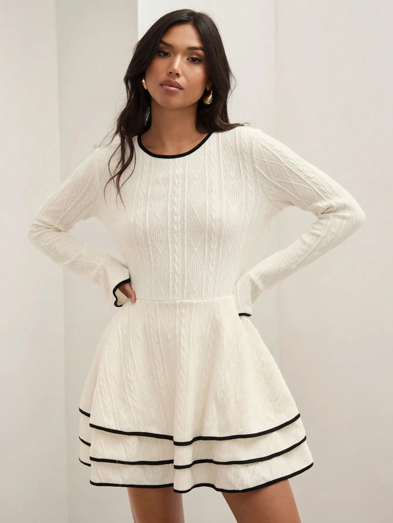 Vestido feminino casual patchwork com bainha em camadas estilo dinheiro antigo vestido elegante, outono e inverno