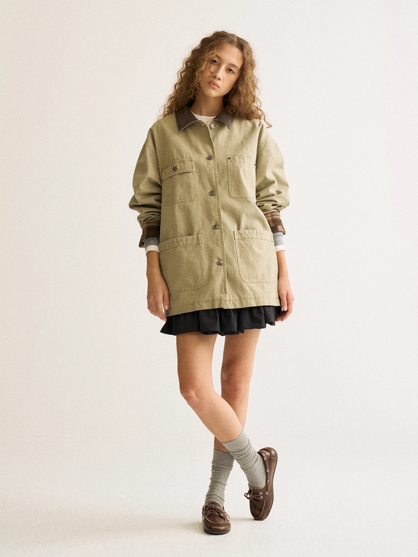 Firstfloor Casaco Feminino Retrô de Couro Xadrez de Comprimento Médio, Corte Solto, Estilo Caça, com Gola Alta e Manga Longa