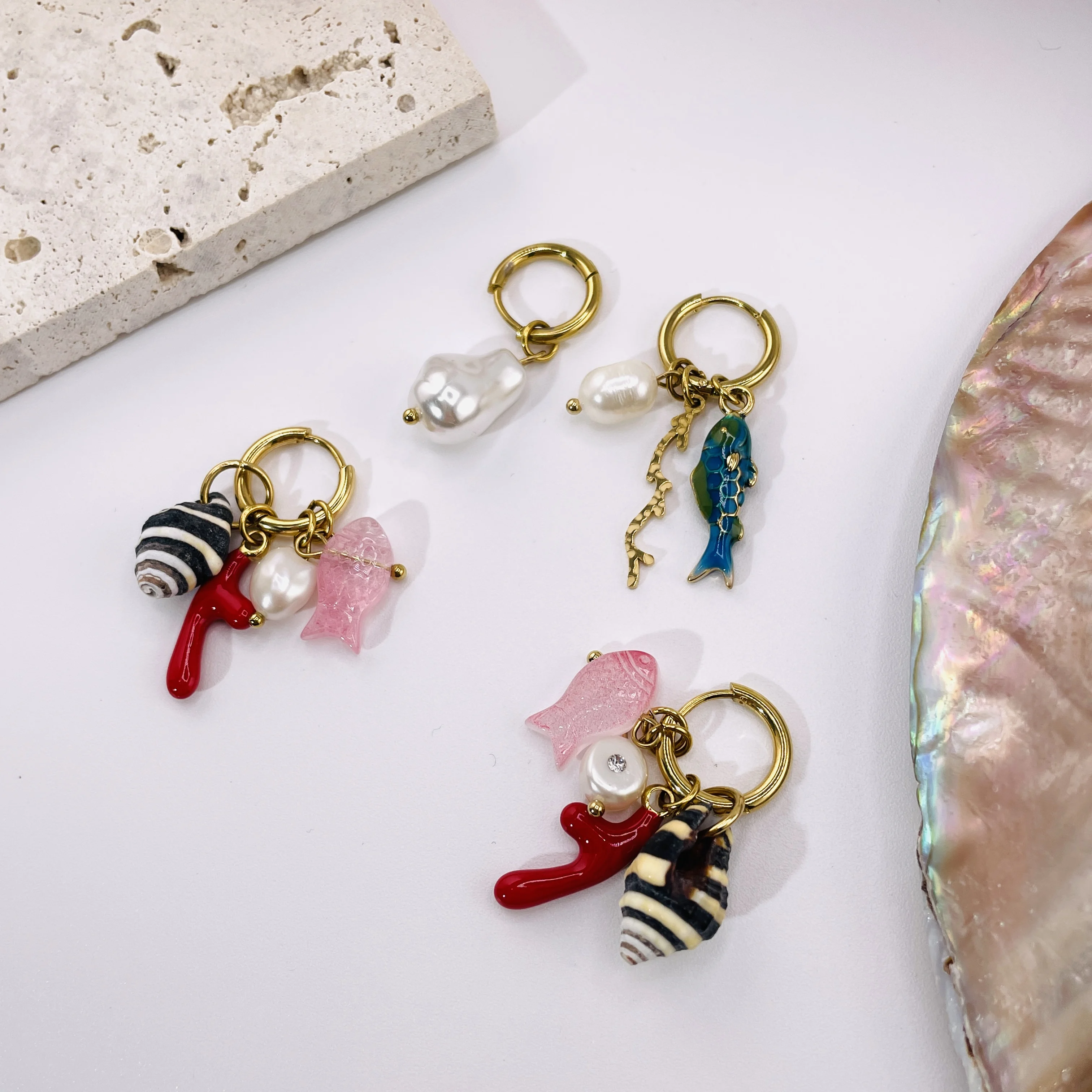 

Gold Plated Stainless Steel Coral Fish Conch Drop Earrings for Women Beach Ocean Theme Perfect for Vacation Gifts