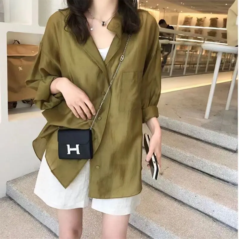Elegant Fashion Harajuku Slim Fit Shirt Solid Button Pockets Cardigan Long Sleeve Tops Women Loose All Match Women's Clothing