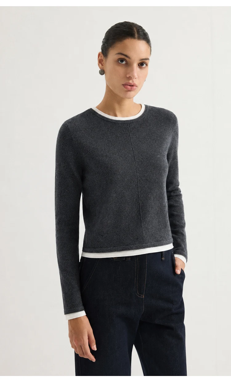 ML62039 Damen-Strickpullover mit Rundhalsausschnitt, Langarm, Zweiteiler-Optik, Kontrastfarbener Besatz, Lässiger Pullover für Herbst und Winter – Detail 9