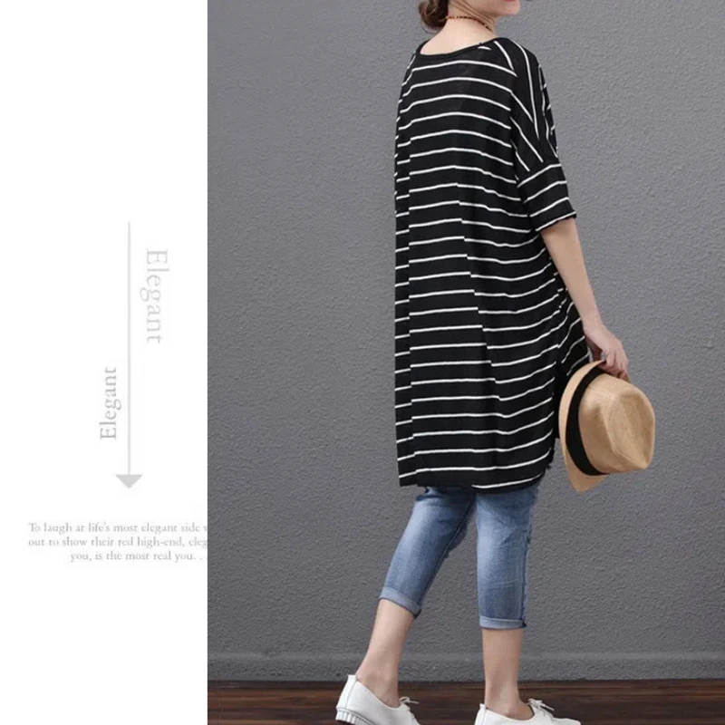 Street Casual Striped Loose Tops Tees Summer New Short Sleeve All-match Plus Size Vintage T Shirts Fashion Trend Women Clothing