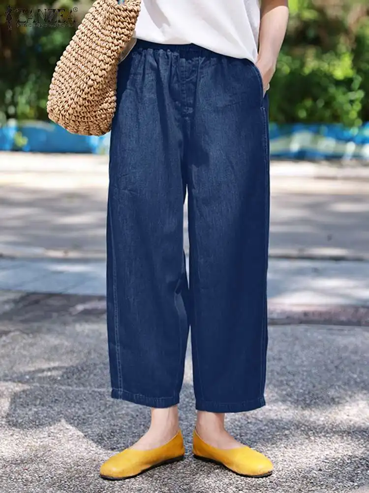 Zanzea-Calças largas de cintura elástica para mulheres, palazzo de harém pantalon vintage, calças grandes no estilo denim, sólidas, moda outono