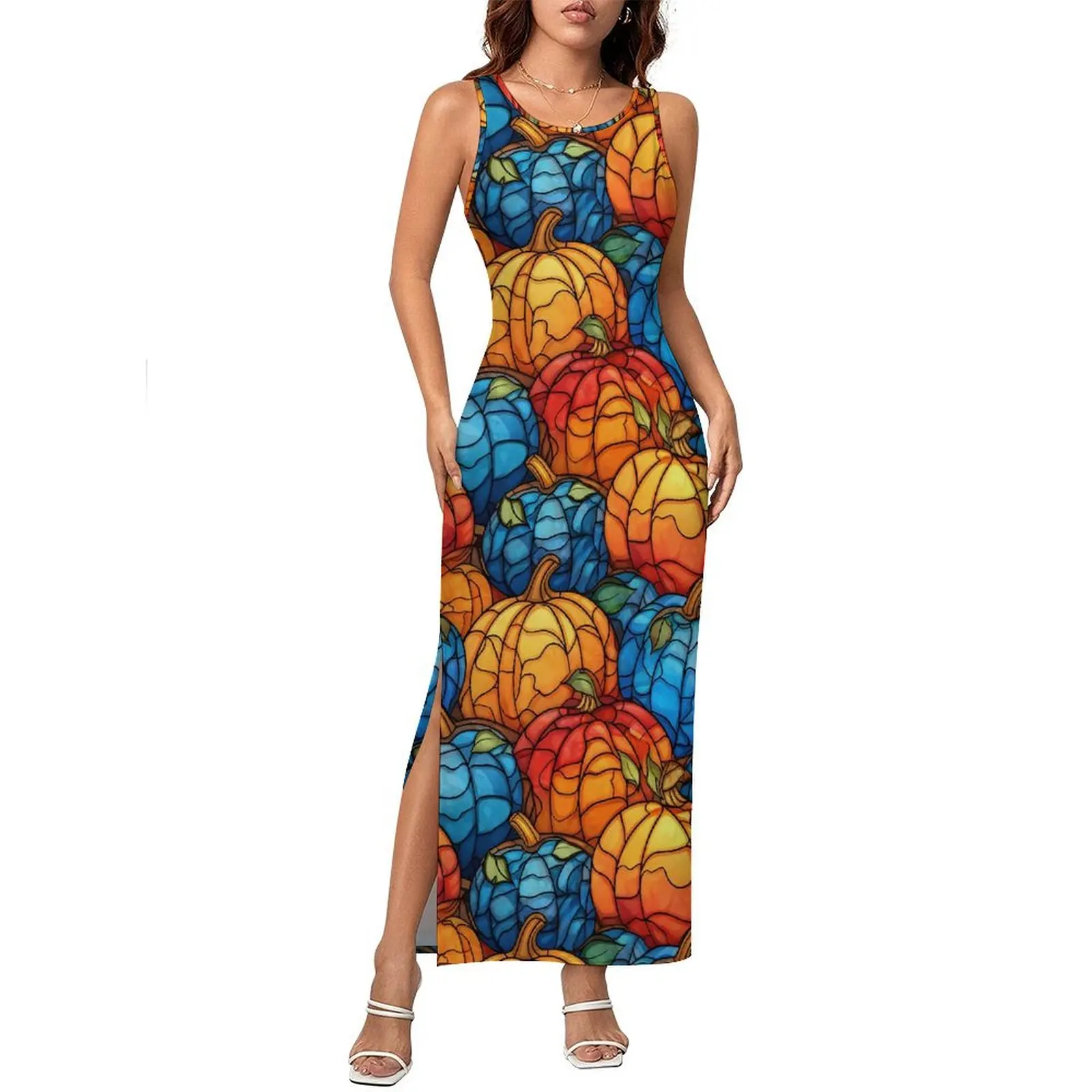 Abito con zucche in vetro colorato senza maniche blu e arancione Abiti lunghi alla moda Abito aderente casual Lady Graphic Vestido di grandi dimensioni