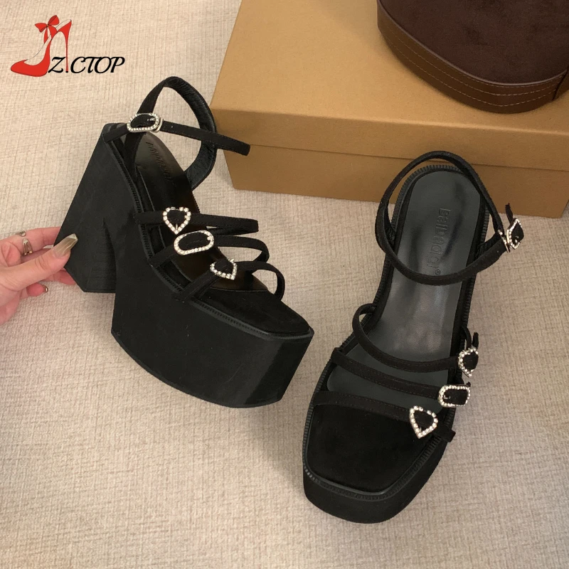 Women Platform Sandals 11cm Super High Heels Rhinestones Chunky Heel Gladiator Sandals Strap Summer Casual Women Pumps Shoes