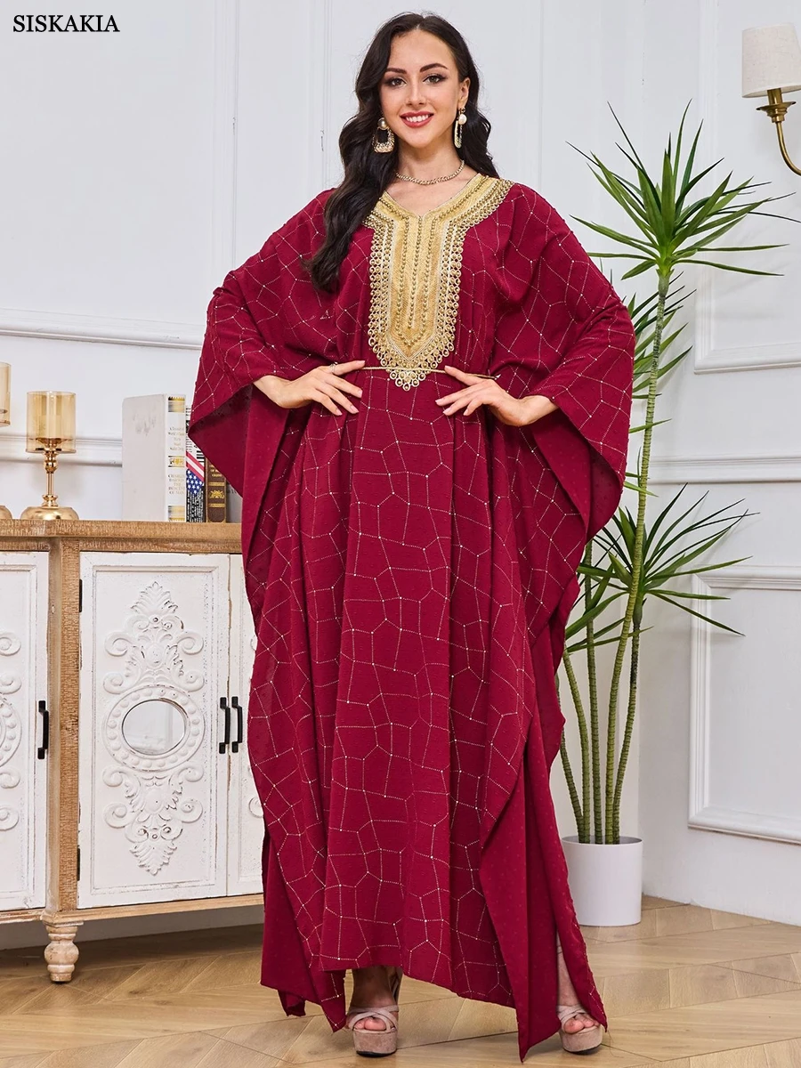 Siskakia Fashion Long Dress Dubai Abayas For Female Beading Batwing Sleeve V-Neck Belted Clothing Elegant Muslim Costumes Woman