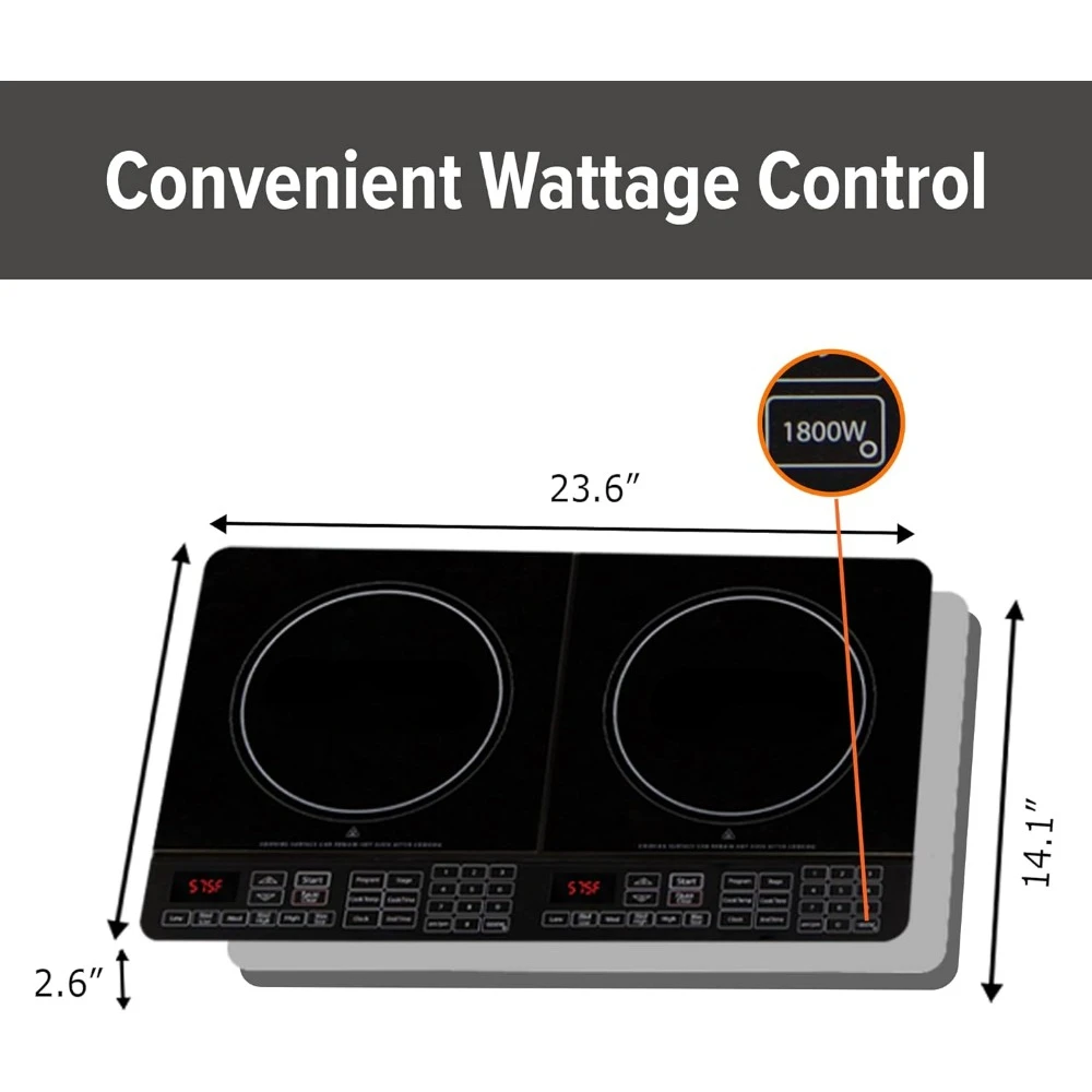 Double Induction Cooktop, 2 Large 8” Heating Coils, Independent Controls,  2 x 11.5” Shatter-Proof Ceramic Glass Surface